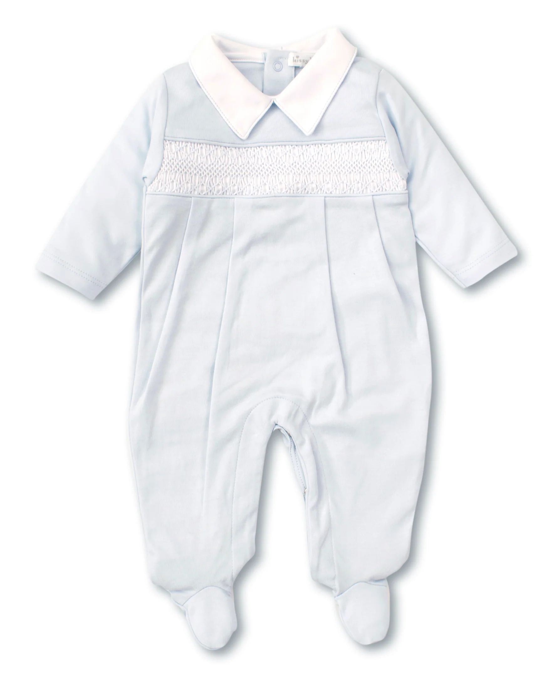 Hand Smocked CLB Charmed Blue Footie with Collar | Kissy Kissy