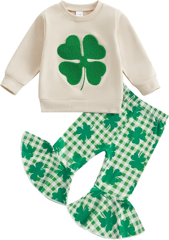 BemeyourBBs Toddler Girl St Patricks Day Outfit Baby Girl Shamrock Sweatshirt Top Flared Pants Se... | Amazon (US)