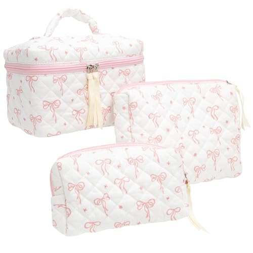 3PCS Makeup Bag SET Large Travel Quilted Zipper Soft Cosmetic Case Pouch for Women Girls Make Up,Bow Pink | Amazon (US)