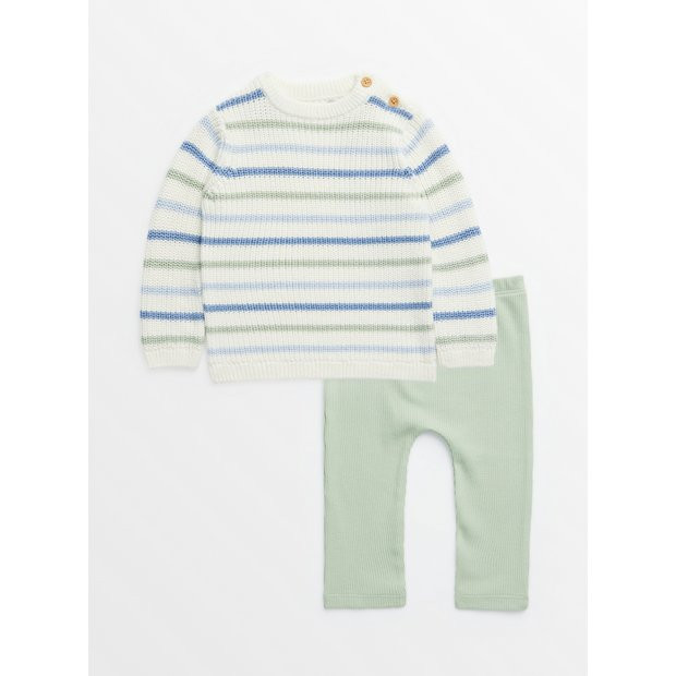 Buy Cream Stripe Jumper & Green Waffle Leggings Set 9-12 months | Outfits and sets | Tu | Tu Clothing