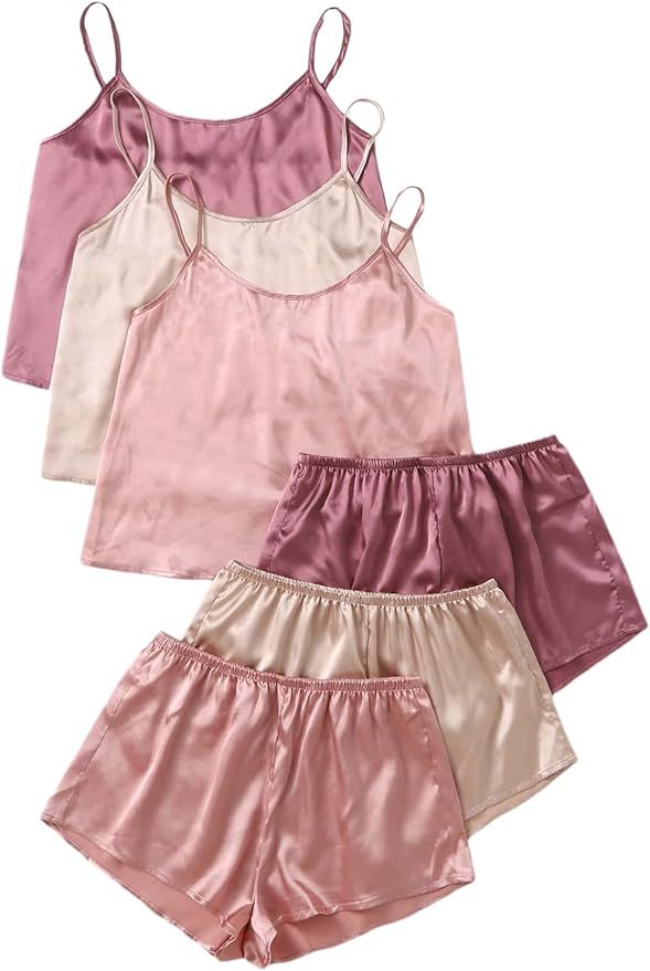 SheIn Women's 3 Sets Satin Pajama Set Sleeveless Crop Cami and Elastic Waist Shorts Sleepwear Lou... | Amazon (US)