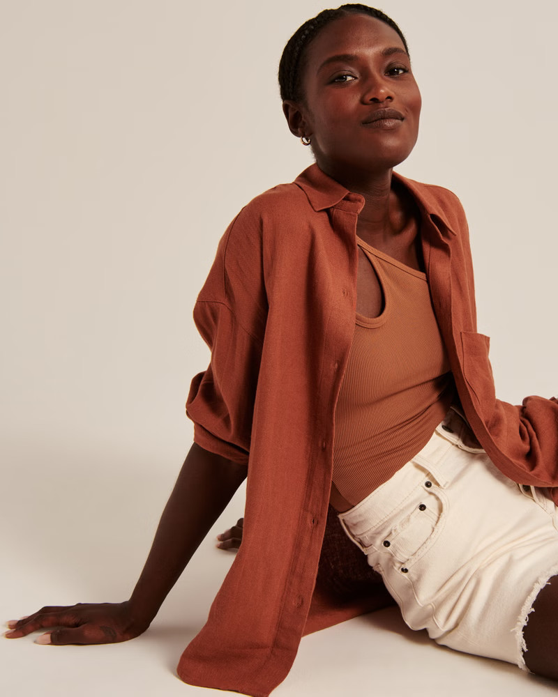 Women's Oversized Linen-Blend Button-Up Shirt | Women's Clearance | Abercrombie.com | Abercrombie & Fitch (US)