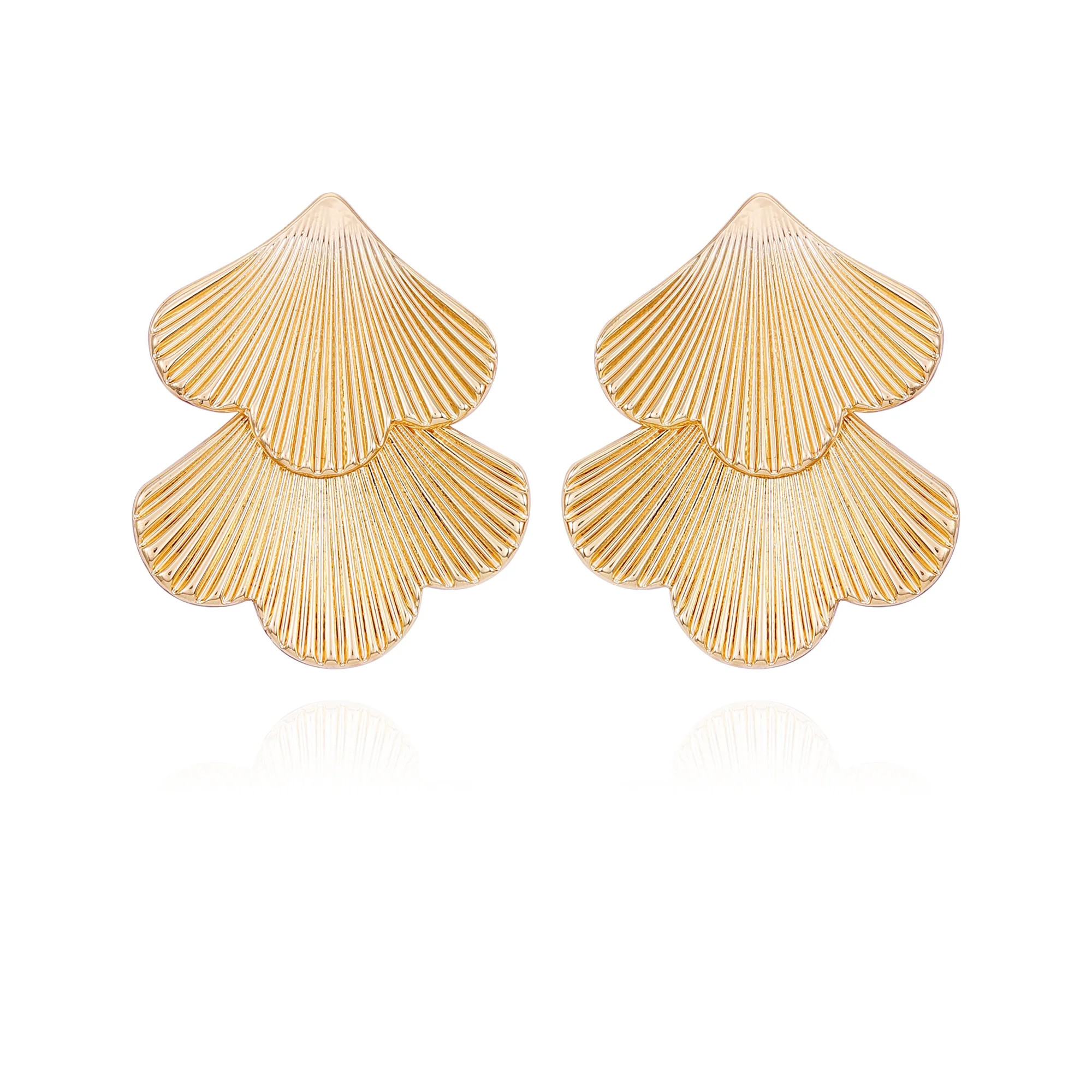 Time and Tru Women's Gold Tone Modern Textured Double Fan Art Deco Style Casting Drop Post Earrin... | Walmart (US)