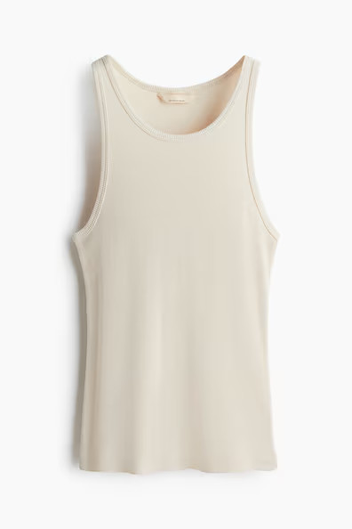 H & M - Ribbed silk-blend vest top - Beige | H&M (UK, MY, IN, SG, PH, TW, HK)