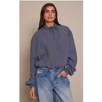 Blue Checked Funnel Neck Tie Detail Long Sleeve Shirt | PrettyLittleThing UK