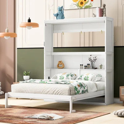 Queen Murphy Bed Wall Bed with Storage Shelves, Space Saving Cabinet Bed, Foldable Hideaway Bed, White | Wayfair North America