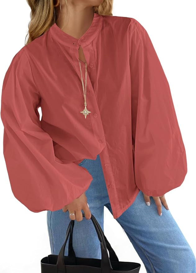 Tankaneo Womens Lantern Sleeve Button Down Shirts Oversized Mock Neck Blouse Trendy Casual Loose ... | Amazon (US)