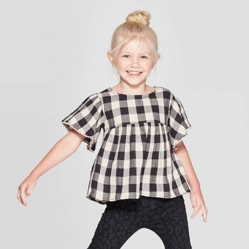 Toddler Girls' Ruffle Sleeve Buffalo Check Blouse - art class™ Black/Cream | Target