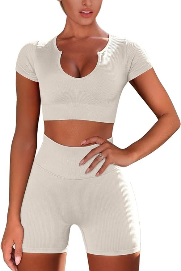 FAFOFA Women's Seamless 2 Piece Workout Outfits High Waist Running Shorts GMY Yoga Crop Top Sets | Amazon (US)