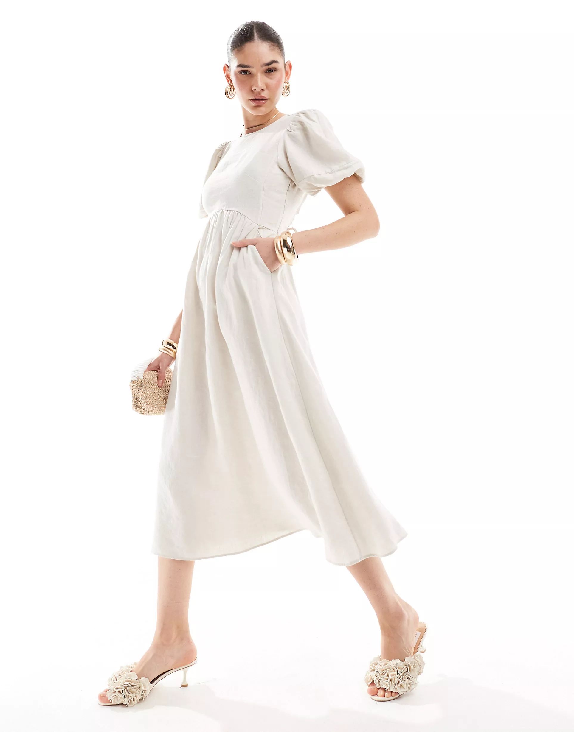 & Other Stories midi dress with volume sleeves and open back detail with tassels in off white | A... | ASOS (Global)