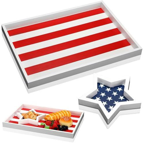 GlikCeil 2 Pack 4th of July Serving Trays 250th Anniversary Wood American Flag Red White Blue Decorative Tray Platter Patriotic USA Star Striped Independence Day Dish Dinner Plates for Snack Kitchen | Amazon (US)