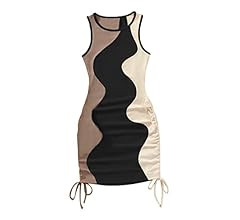 Amazon.com: GORGLITTER Women's Ruched Drawstring Bodycon Mini Dress Tie Side Ribbed Knit Sleevele... | Amazon (US)