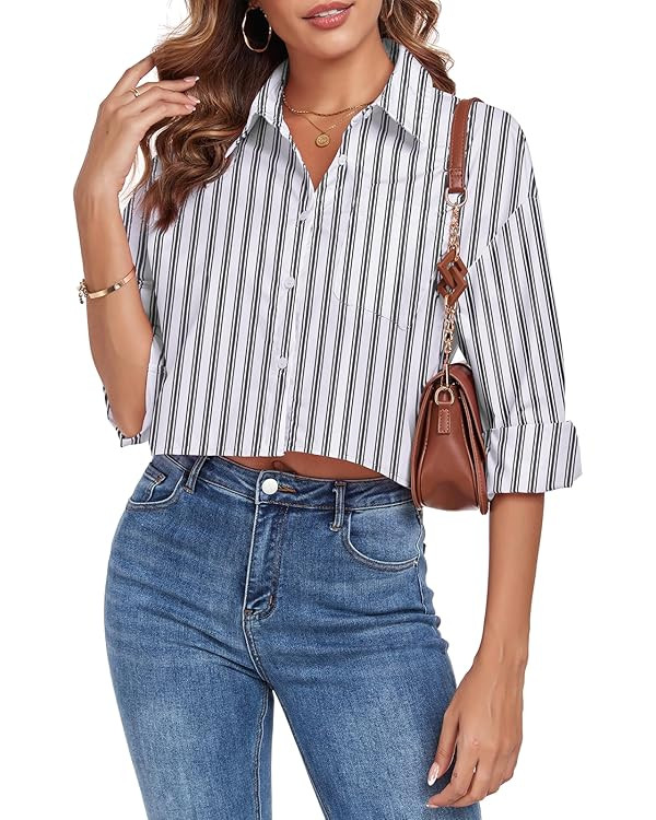 Women's Button Down Shirt Cropped Oversize Boyfriend Long Sleeve Collared Crop Loose Blouses with... | Amazon (US)