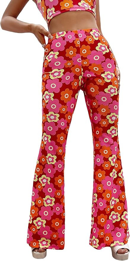 OYOANGLE Women's Floral Print High Waist Flare Leg Bell Bottom Yoga Pants | Amazon (US)