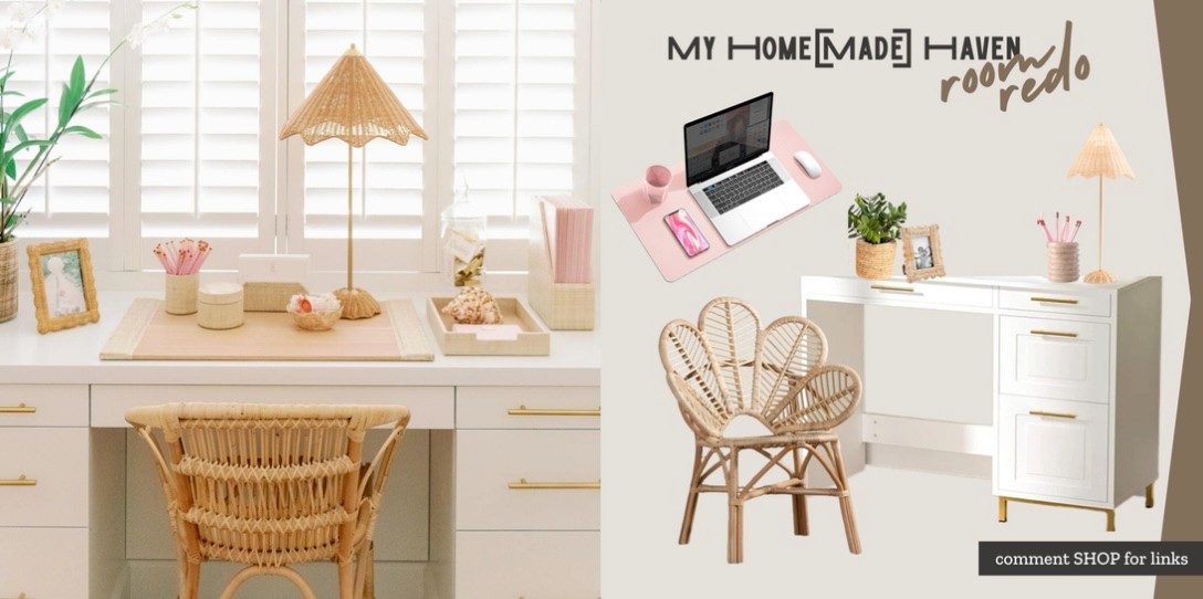 My friedns asked me to help recreate this sweet desk space for her girls' room. boho rattan notes and notes of pale pink are just the right feminine touch! 

 #LTKHome