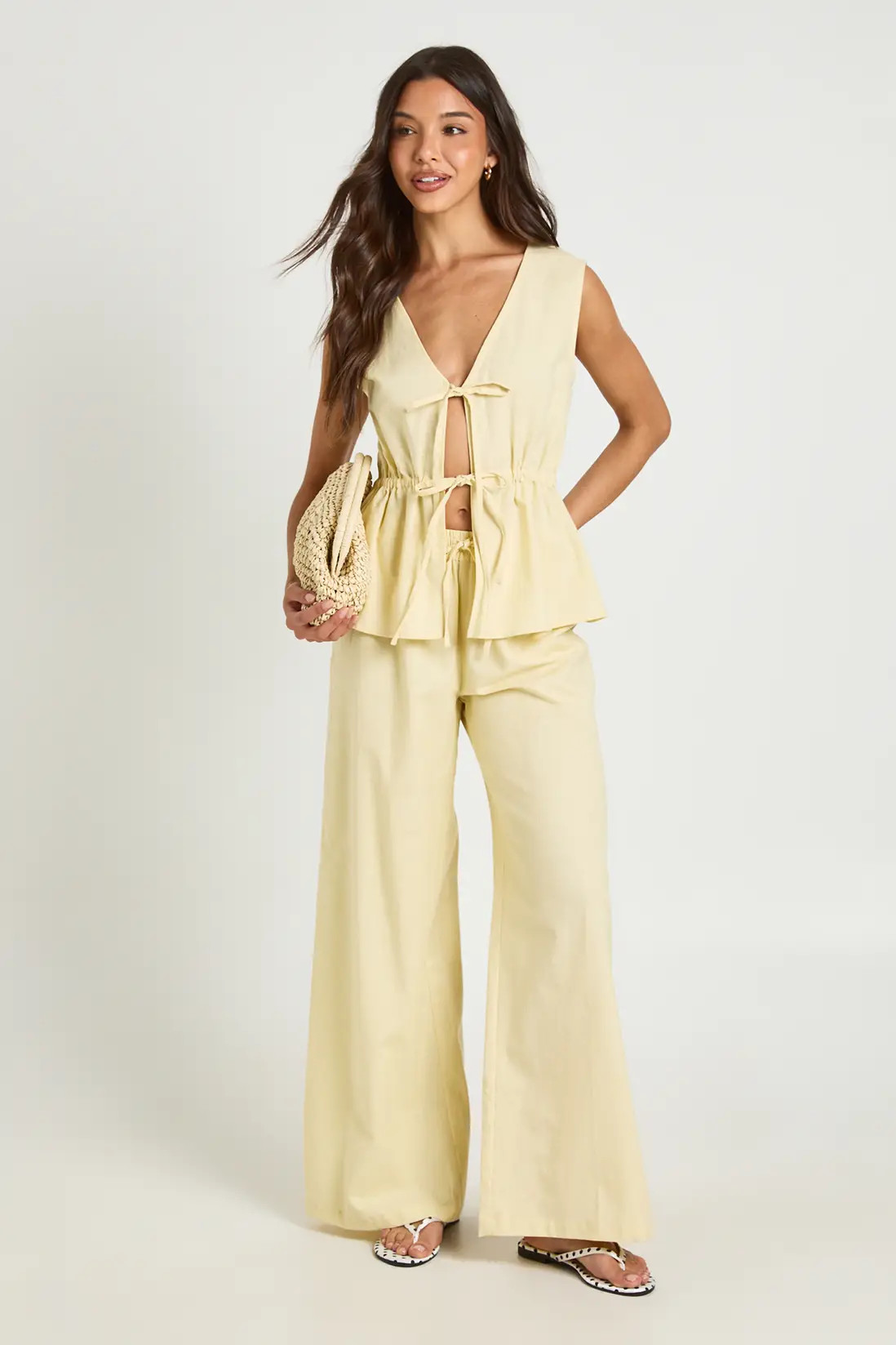 Lemon Linen Look Tie Front Top & Wide Leg Trouser Co-ord | Boohoo USA | boohoo (US & Canada)