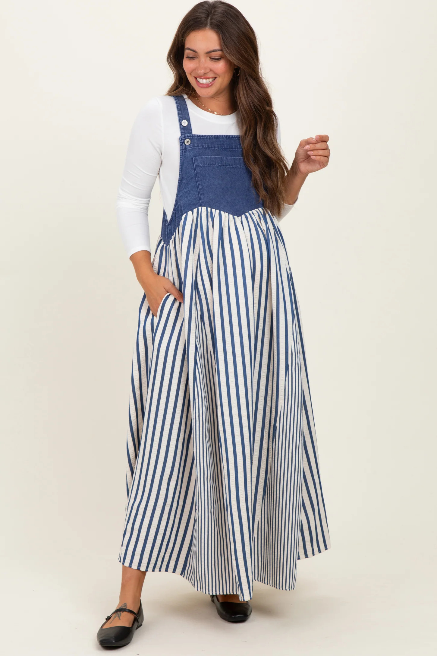 Blue Striped Colorblock Denim Contrast Maternity Maxi Dress | PinkBlush Maternity