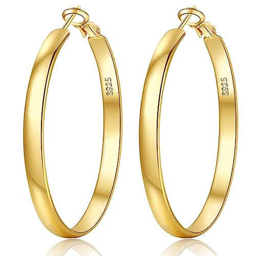 EXGOX 5mm Wide Gold Hoop Earrings for Women,Sterling Silver Hoop Earrings Large Silver Hoop Earri... | Amazon (US)