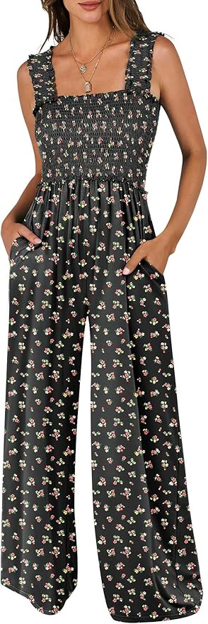 ANRABESS Jumpsuits for Women Casual, Smocked Sleeveless Wide Leg Comfy Rompers With Pockets, Summ... | Amazon (US)