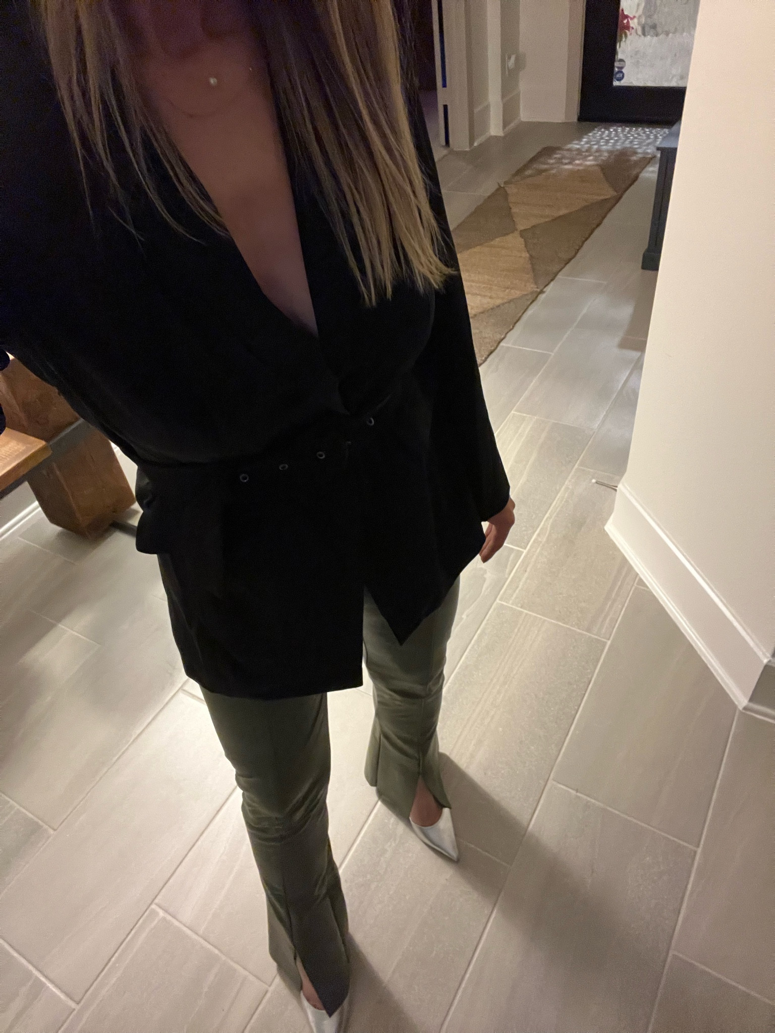 Dinner outfit date night outfit black blazer split pants green leather pants girls night outfit 