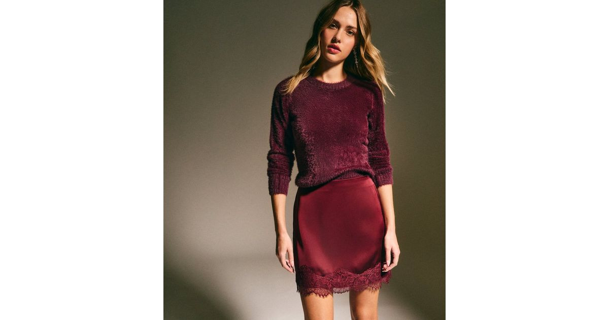 Dark Burgundy Satin Lace Hem Mini Skirt | New Look | New Look (UK)
