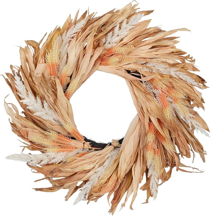 Fall Corn Husk & Wheat Wreath for Front Door 24 Inch, Farmhouse Style Rustic & Minimalist Autumn ... | Amazon (US)