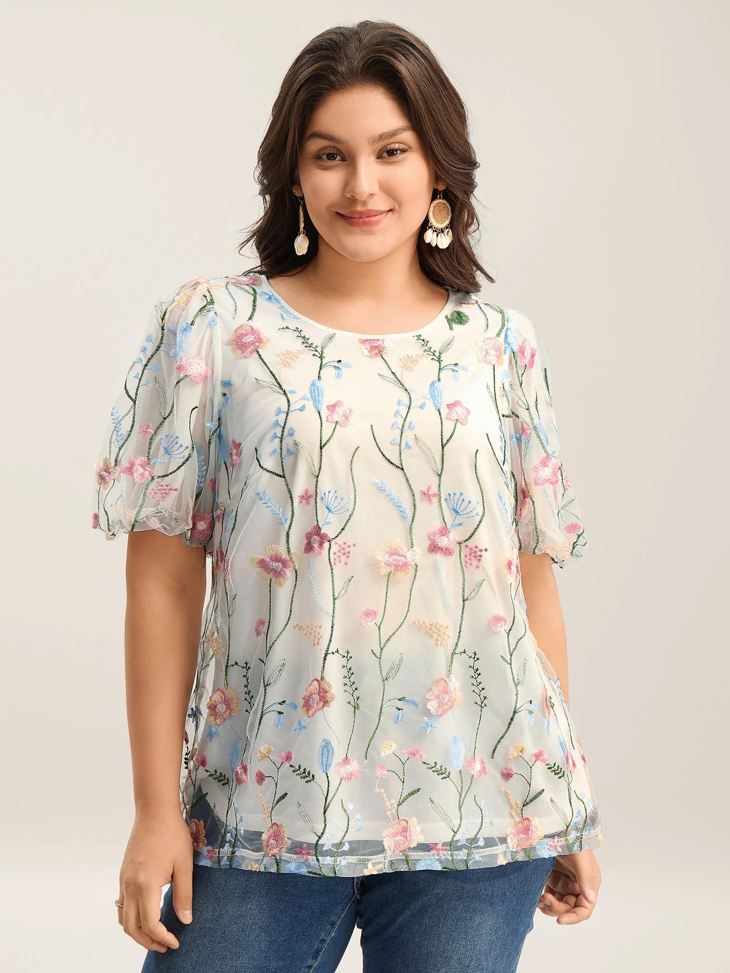 Floral Embroidered Mesh Bubble Sleeve Blouse | Bloomchic