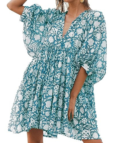 Womens Summer Dresses Casual - Boho Floral Babydoll Balloon Sleeve Half Open Tether Flowy Short Beach Dress Blue | Amazon (US)