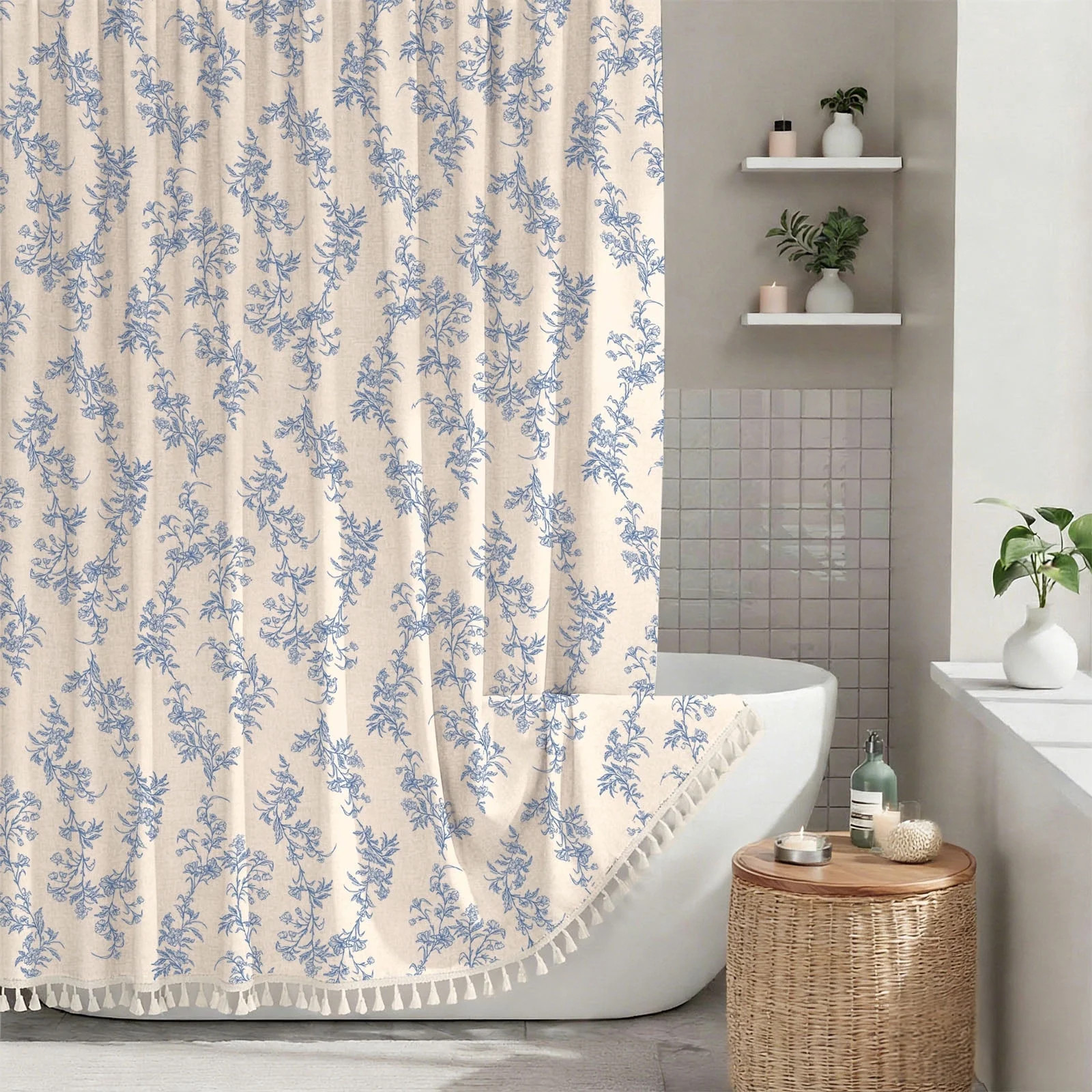 Sanmadrola Blue Shower Curtain Floral Plant Shower Curtain Set with Tassels, Heavy Duty Faux Cott... | Walmart (US)