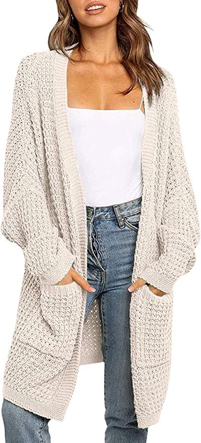 YIBOCK Womens Kimono Long Batwing Sleeve Open Front Chunky Cable Knit Cardigan Sweater with Pocke... | Amazon (US)