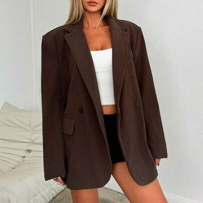 Women's Casual Commuter Corduroy Collared Brown Blazer | SHEIN