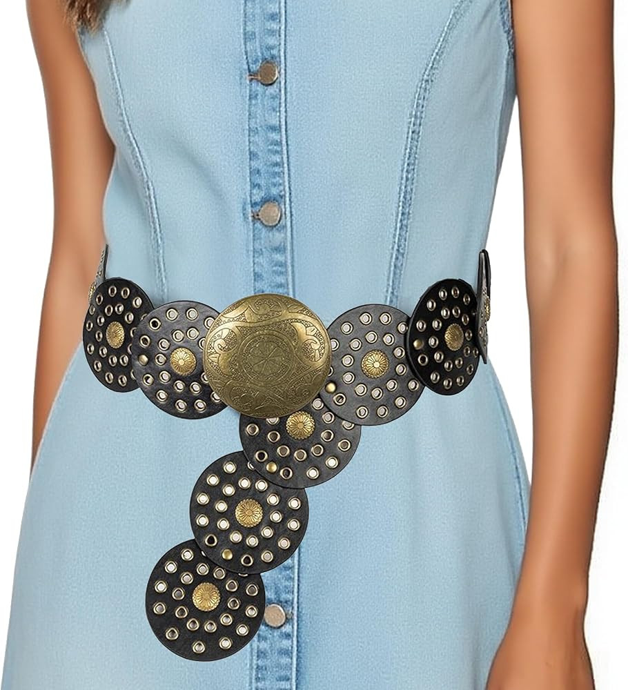 IZUS Women Retro-Concho Western-Belt Metal-Buckle Cowgirl-Belt Turquoise Decor Wide-Disc Waist St... | Amazon (US)