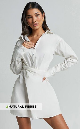 Tonja Mini Dress - Long Sleeve Wrap Shirt Dress in Ivory | Showpo (US, UK & Europe)