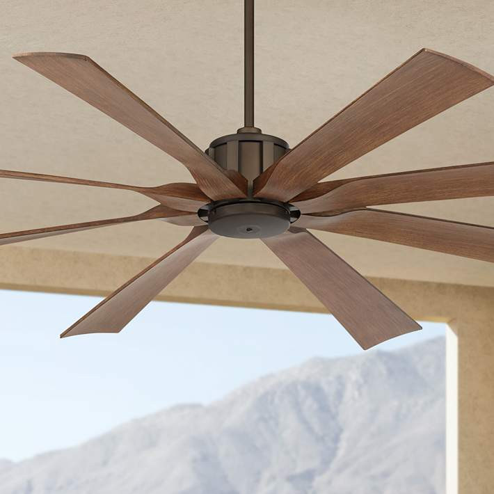 70" Possini Euro Defender Bronze Koa Damp Ceiling Fan with Remote | Lamps Plus