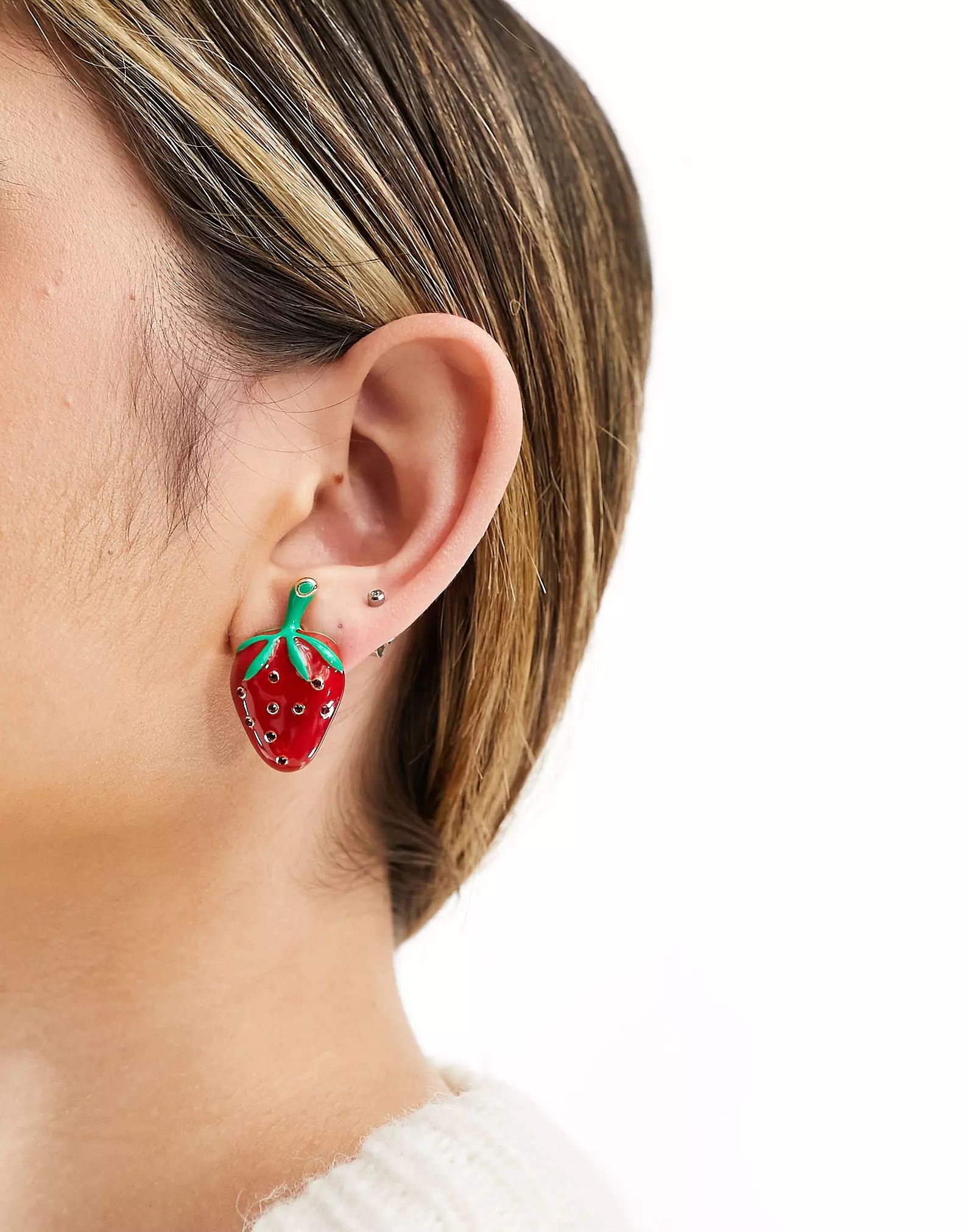 ASOS DESIGN stud earrings with enamel crystal strawberry design in red | ASOS (Global)
