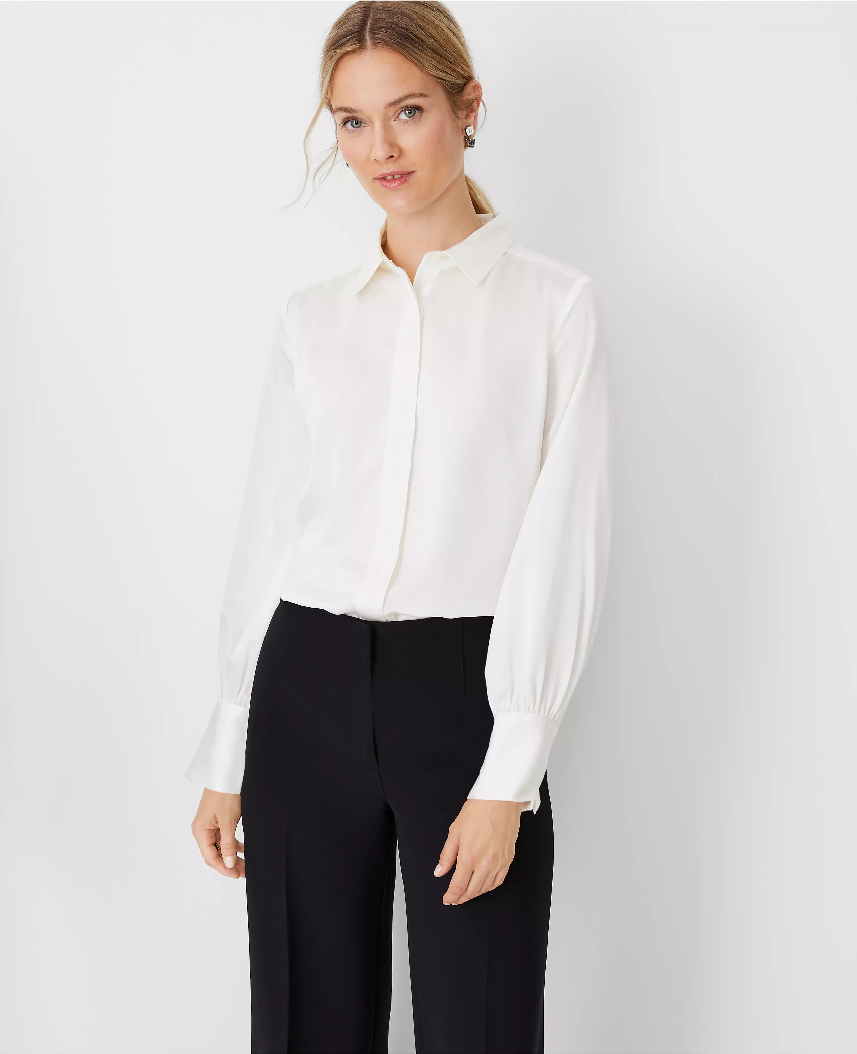 Petite Collared Shirred Yoke Button Down Shirt | Ann Taylor (US)