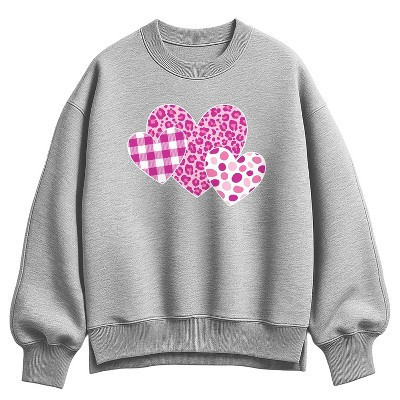 Women's Instant Message Valentine's Patterned Hearts Oversized Fleece Crew Sweatshirt - Athletic Heather - X-Large | Target
