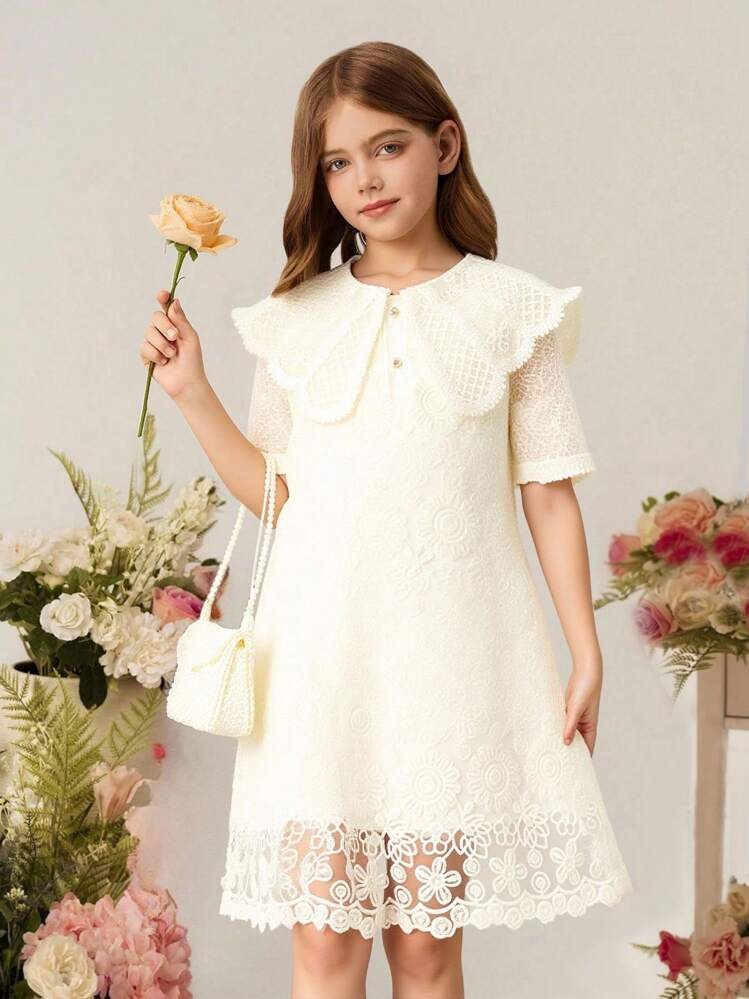 Summer Girls Peter Pan Collar Floral Embroidery Dress | SHEIN