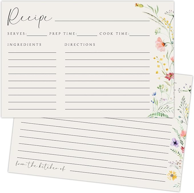 JOETMAE 50PCS Wildflower Recipe Cards,4×6 In Double Sided Cards,Blank Recipe Card for Wedding, B... | Amazon (US)