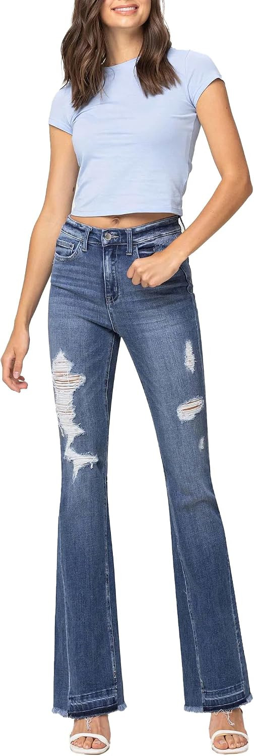 Flying Monkey - Farewell - High Rise Distressed Insert Panel Released Hem Flare Jeans - F4048 | Amazon (US)