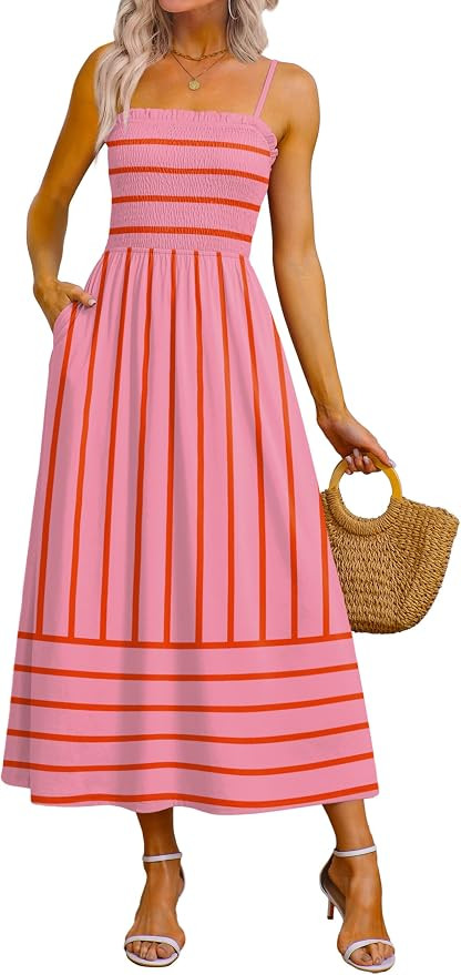 OFEEFAN Womens Spaghetti Strap Maxi Dresses Smocked with Pockets 2026 Summer Spring Casual Boho B... | Amazon (US)
