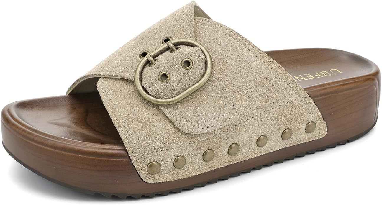UBFEN Womens Slides Platform Sandals - Genuine Leather, Arch Support Comfortable Buckle Sandals f... | Amazon (US)