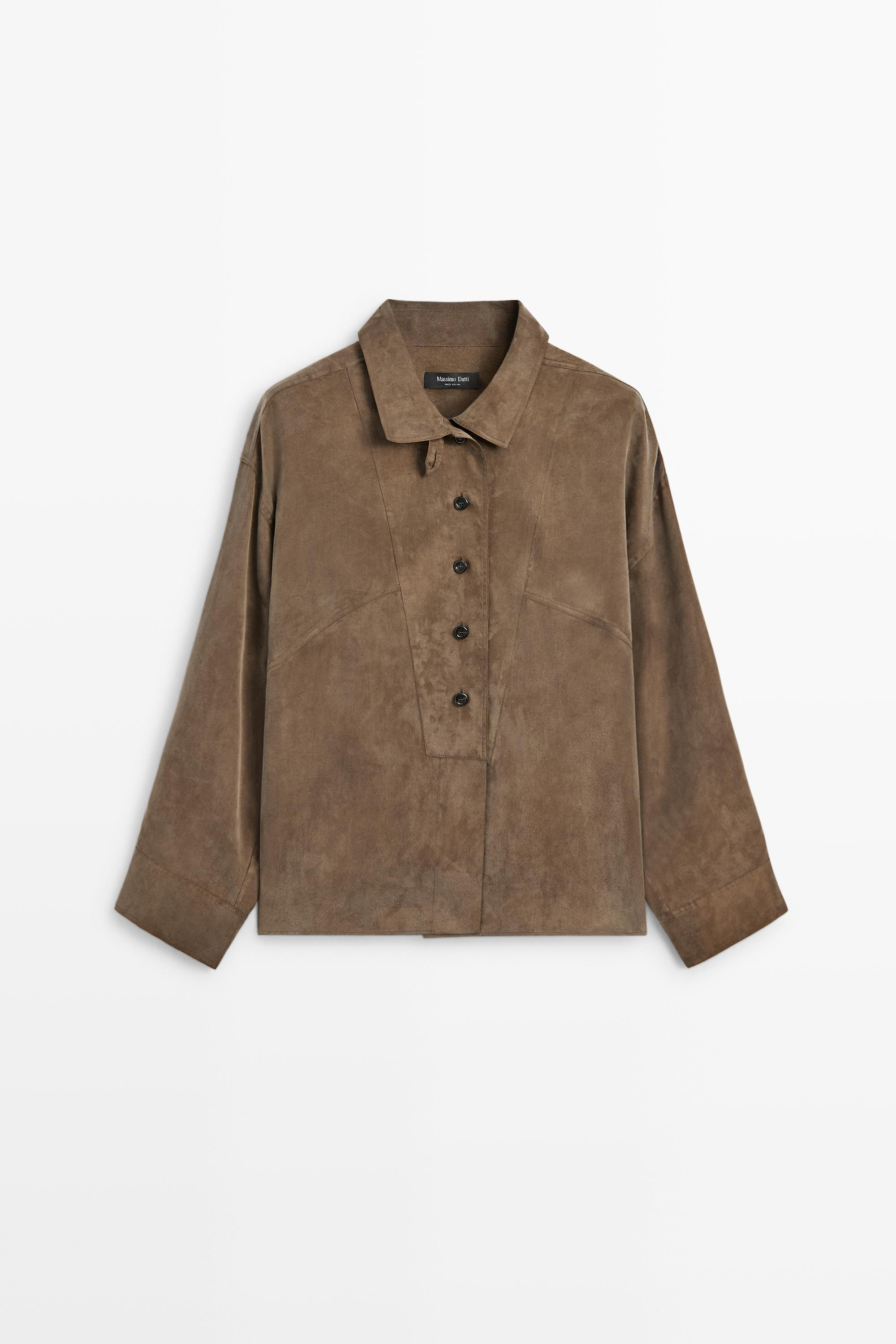 Flowing shirt with stand collar and bib detail - MOLE BROWN | Massimo Dutti UK