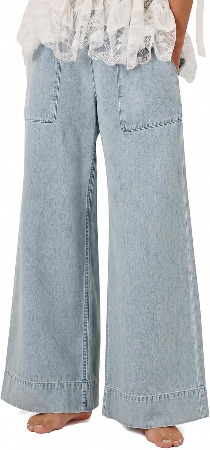 Womens Mid Rise Wide Leg Jeans Casual Baggy Pull-On Jeans Trendy Long Denim Pants with Pockets | Amazon (US)