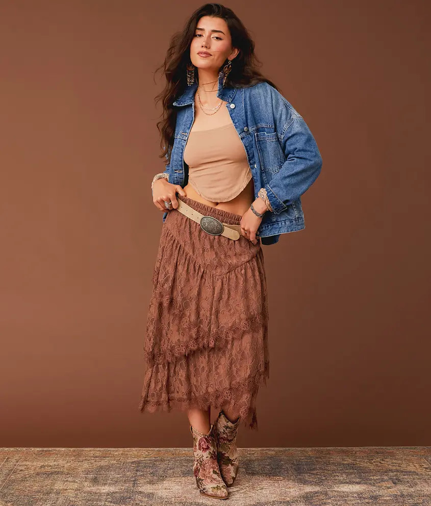 Tiered Eyelash Lace Midi Skirt | Buckle