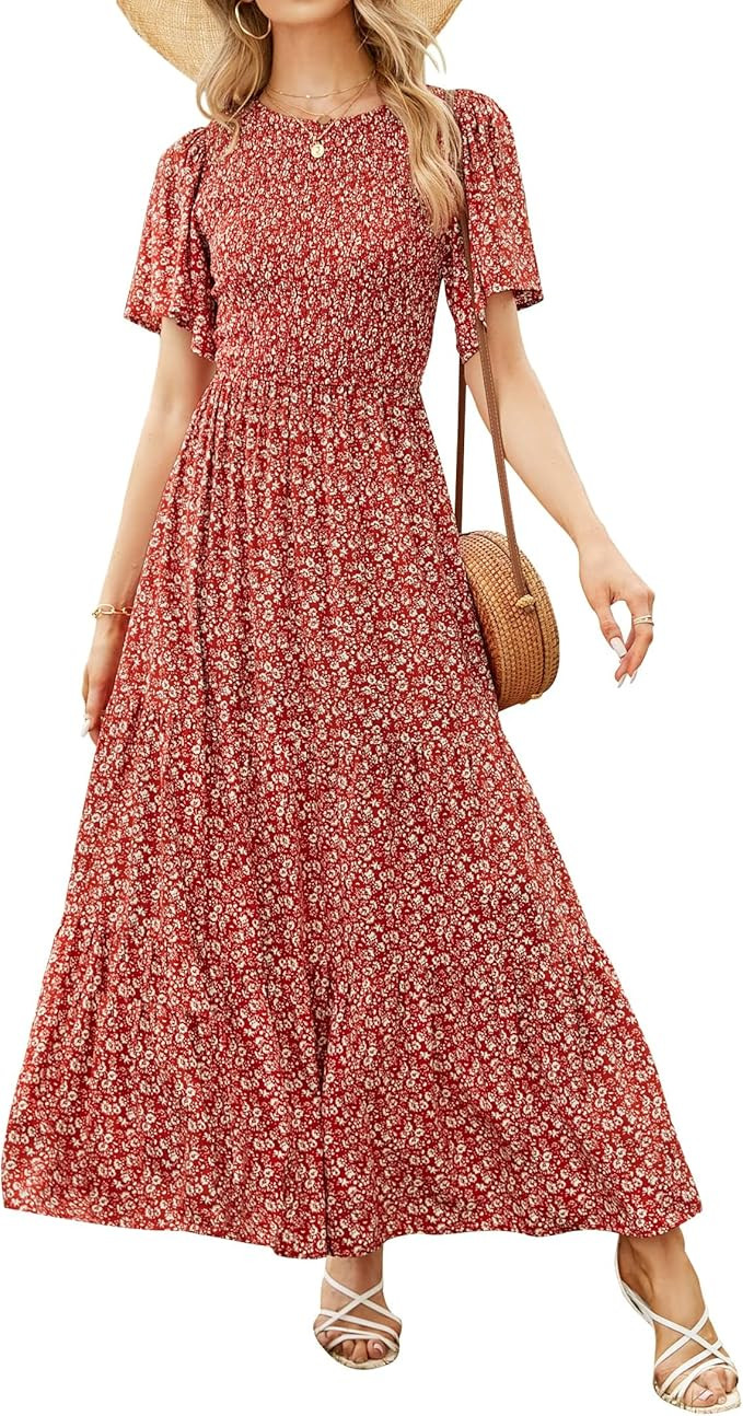 ZESICA Women's 2023 Summer Casual Floral Print Short Flutter Sleeve Crew Neck Smocked High Waist ... | Amazon (US)