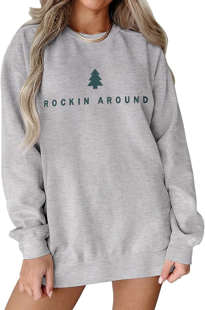 GLIGLITTR Women Christmas Tree Sweatshirt Rock Around The Xmas Tree Pullover Sweater Crew Neck Lo... | Amazon (US)