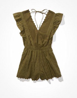 AE Embroidered V-Neck Romper | American Eagle Outfitters (US & CA)