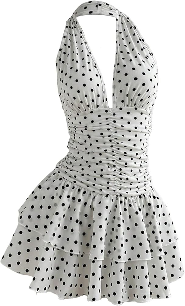 OYOANGLE Women's Polka Dots A Line Mini Halter Top Dress Backless Ruched Layered Ruffle Dresses | Amazon (US)