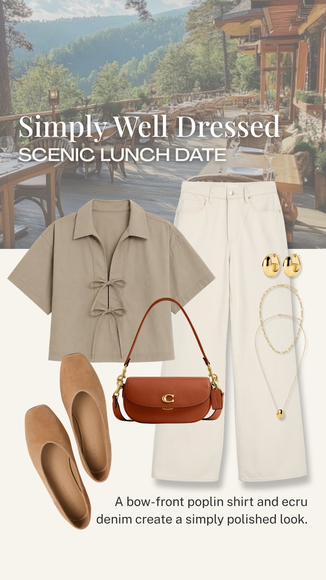A bow-front poplin shirt and ecru wide-leg denim make such a lovely combination for a scenic lunch date. I’d add suede flats and a structured crossbody for a comfortable, polished look that can easily take you from lunch to an afternoon of exploring.

💡 LTK MADE EASY
❤️ Heart = Support my posts!
🔖 Save = Get sale & restock alerts
📋 Lists = Keep favorites organized
📲 Share = Send lists and products to a friend. Hello, Christmas List!
💬 Comment = Ask me anything about what I’m wearing.:-)

#LTKOver40 #LTKootd #LTKTravel